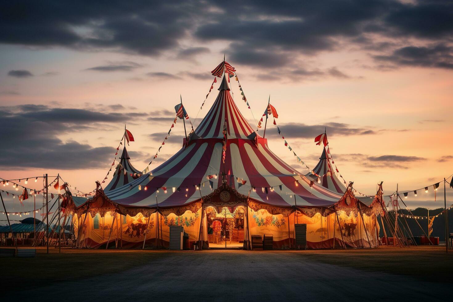 cirque tente contre le ciel dans soir. cirque affiche, affiche. monde cirque journée. généré par artificiel intelligence photo