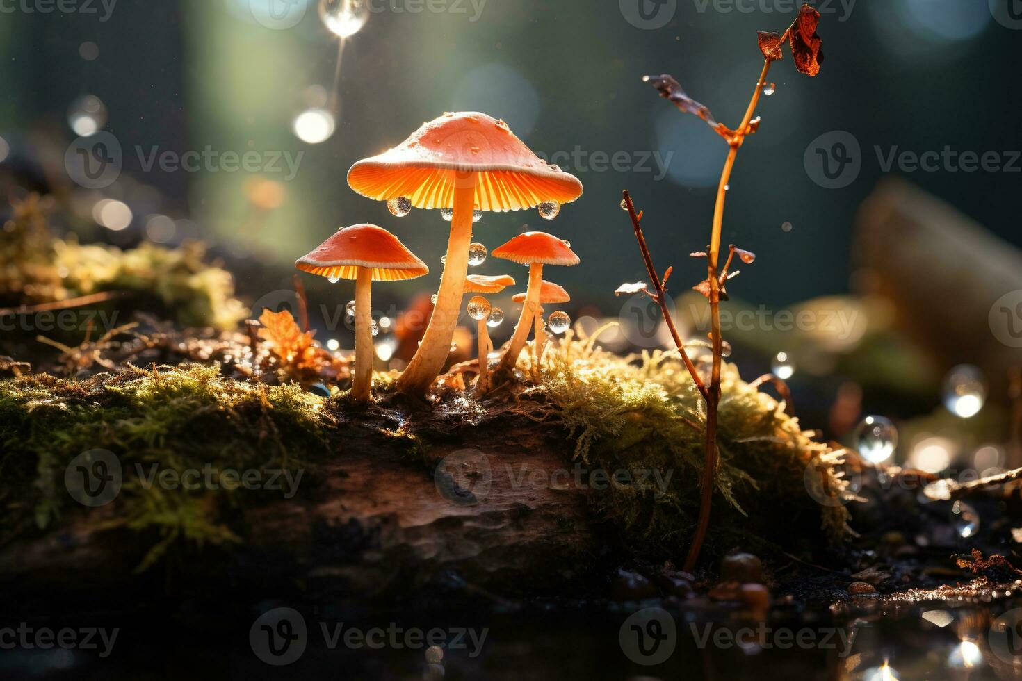une groupe de Orange champignons embrasé dans le du soleil des rayons sur mousse contre une flou forêt Contexte. généré par artificiel intelligence photo