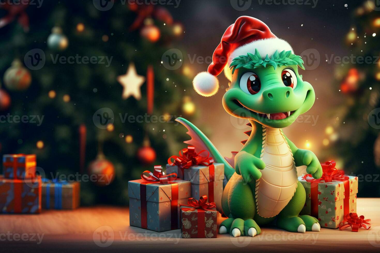 ai généré mignonne vert dragon symbole de 2024 des stands avec cadeaux à le Noël arbre photo