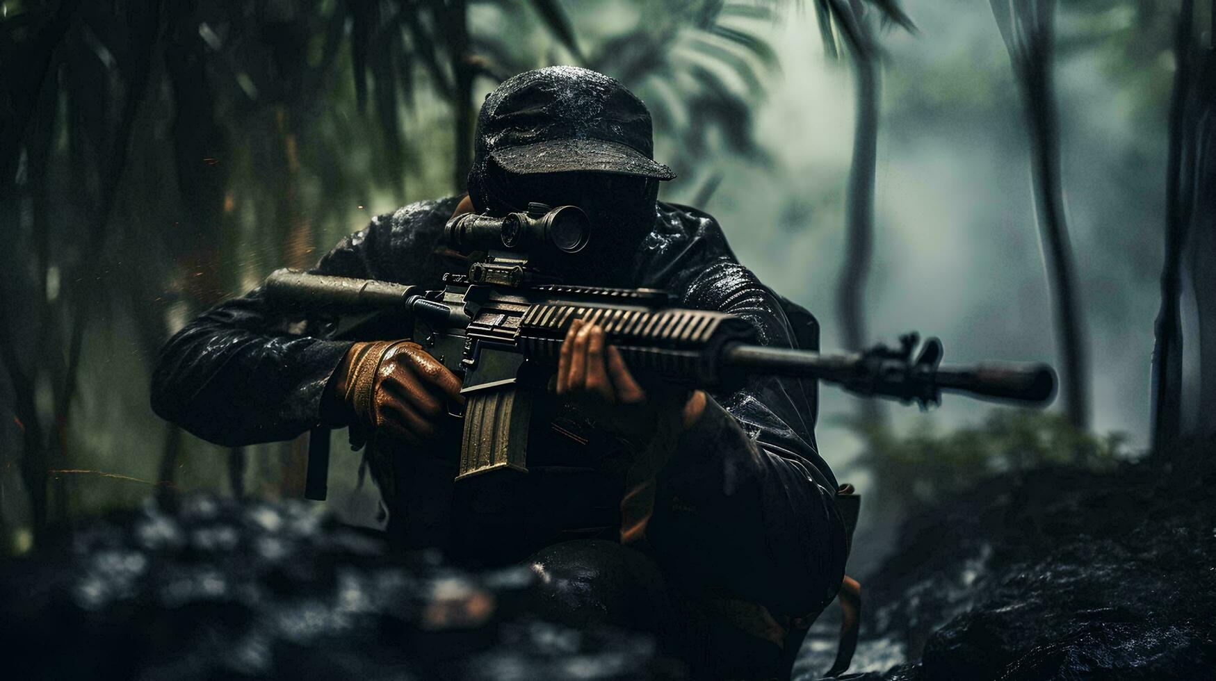 une soldat avec une fusil dans le jungle, ai génératif photo