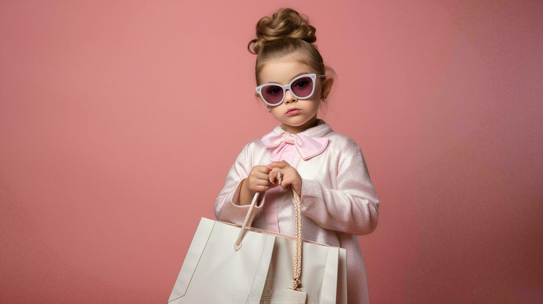 une peu fille portant une blanc robe et lunettes, dépeint le figure de une riches femme, en portant une luxe marque achats sac, ai génératif photo