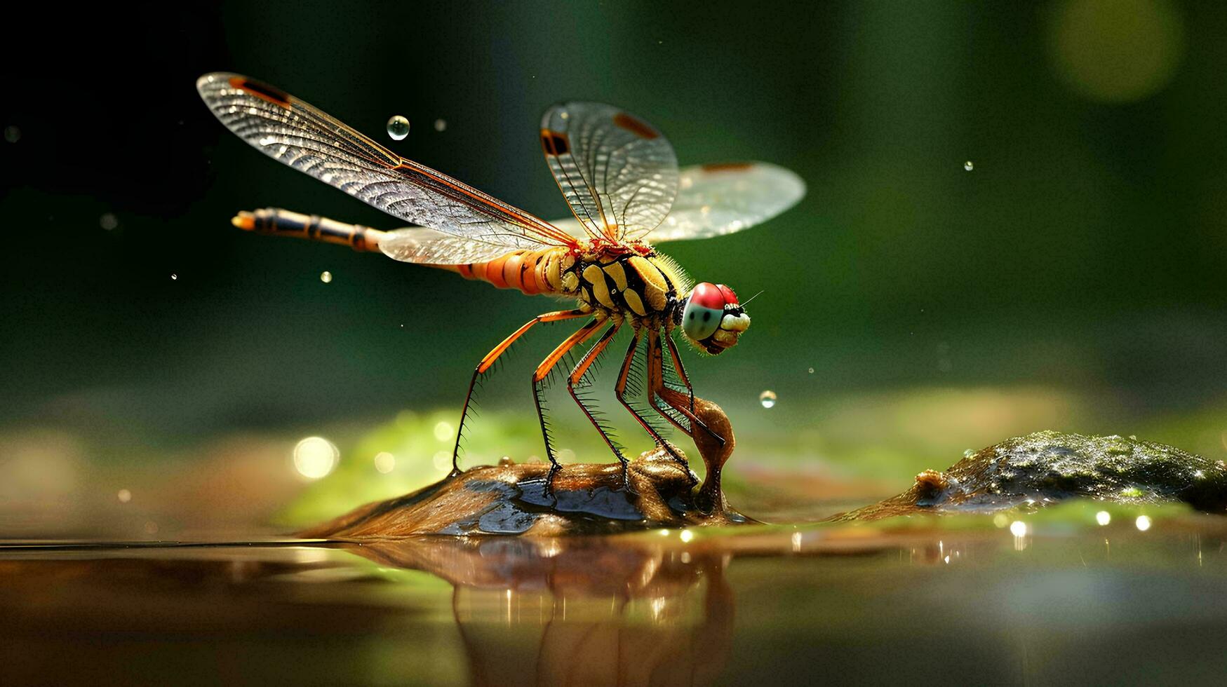 une libellule sur une Roche en buvant eau, ai génératif photo