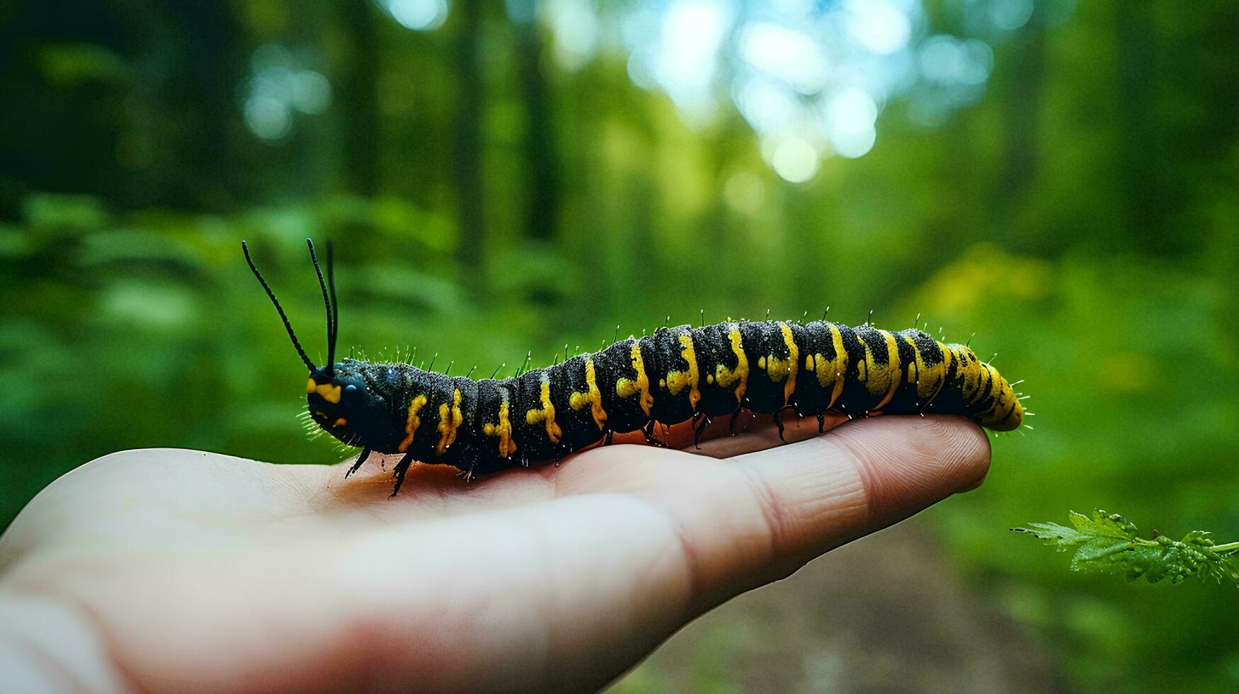 chenille animal en marchant sur Humain main avec forêt arrière-plan, ai génératif photo