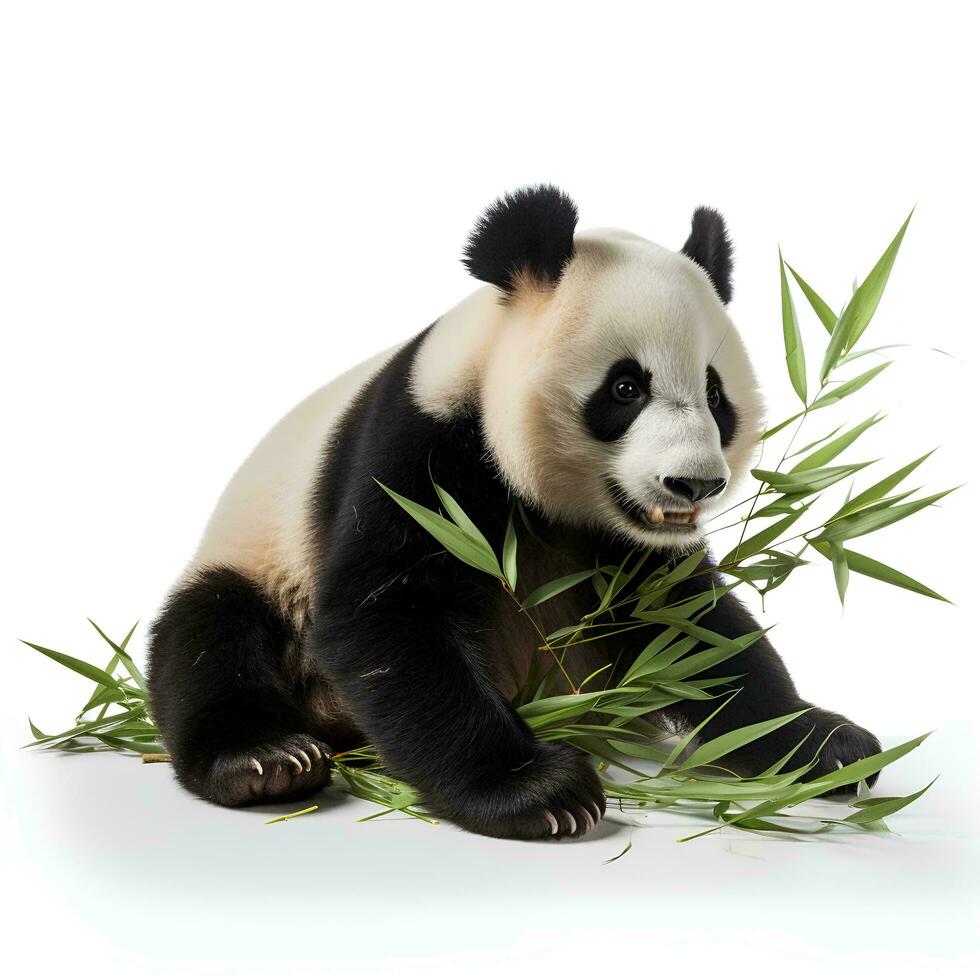 une Panda en mangeant bambou sur un isolé blanc arrière-plan, ai génératif photo