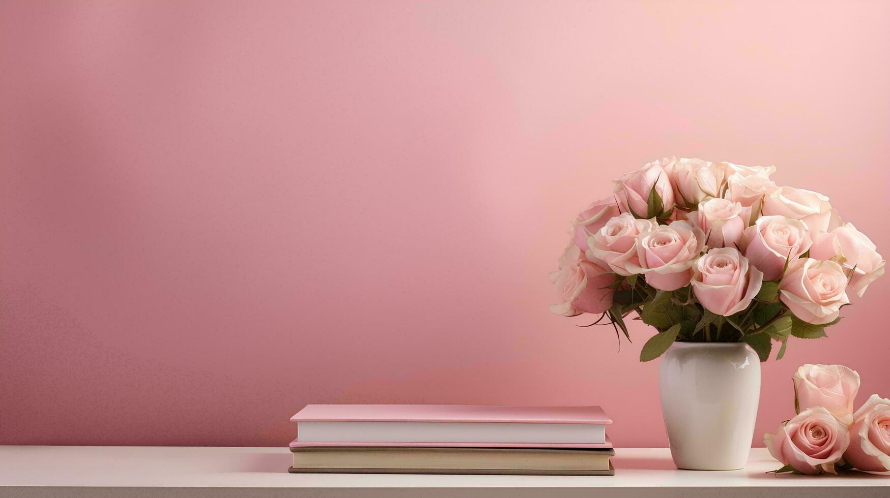 conception pour une bannière de une Rose et une livre sur une table et près une rose mur, ai génératif photo