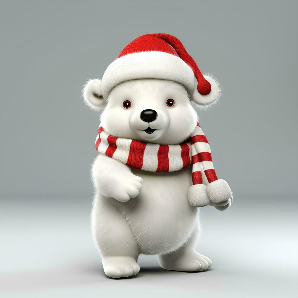 Noël blanc ours avec Père Noël chapeau et Noël écharpe 3d, ai génératif photo