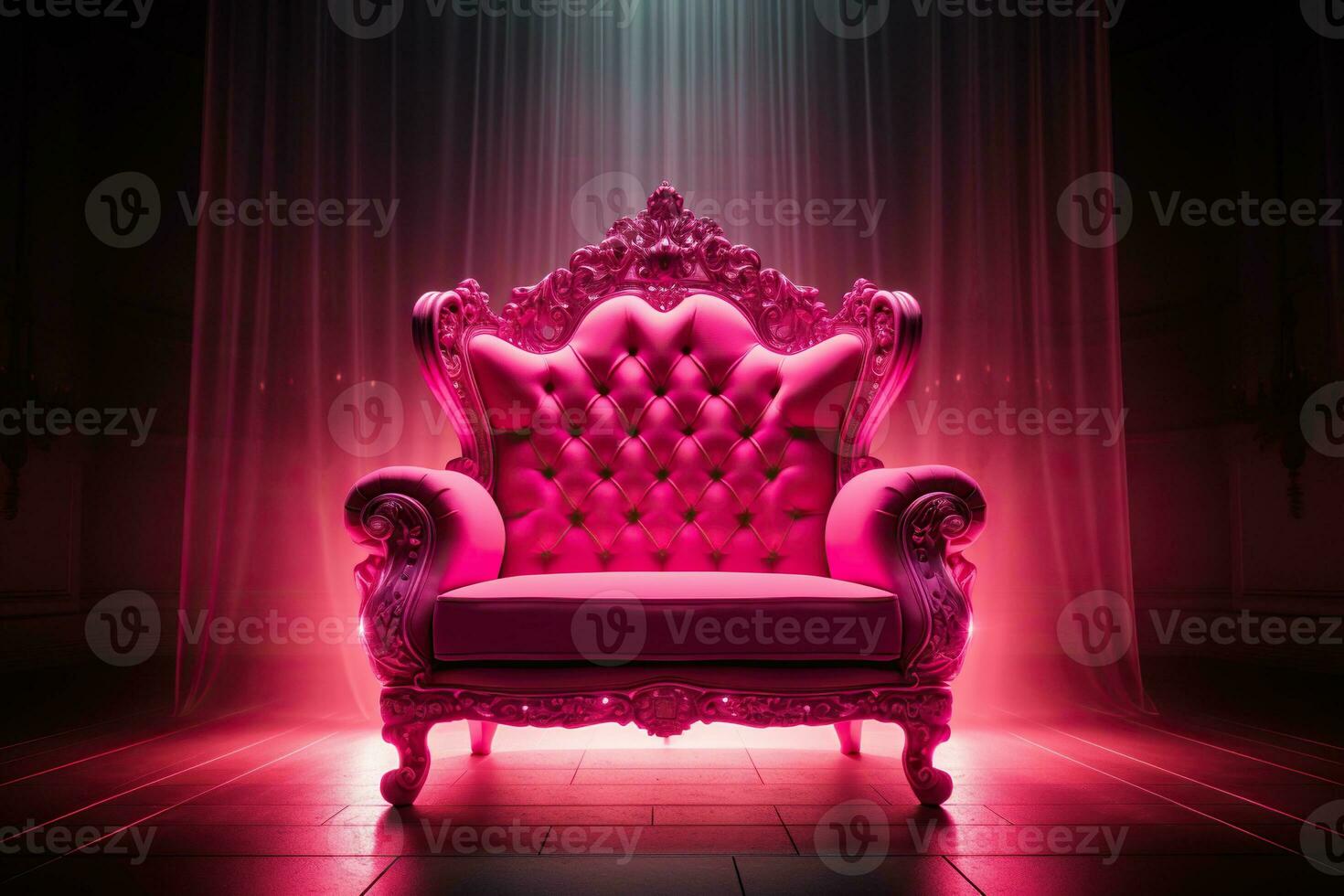 luxueux rose chaise avec rose éclairage et néon éclairage dans une spacieux chambre. génératif ai photo