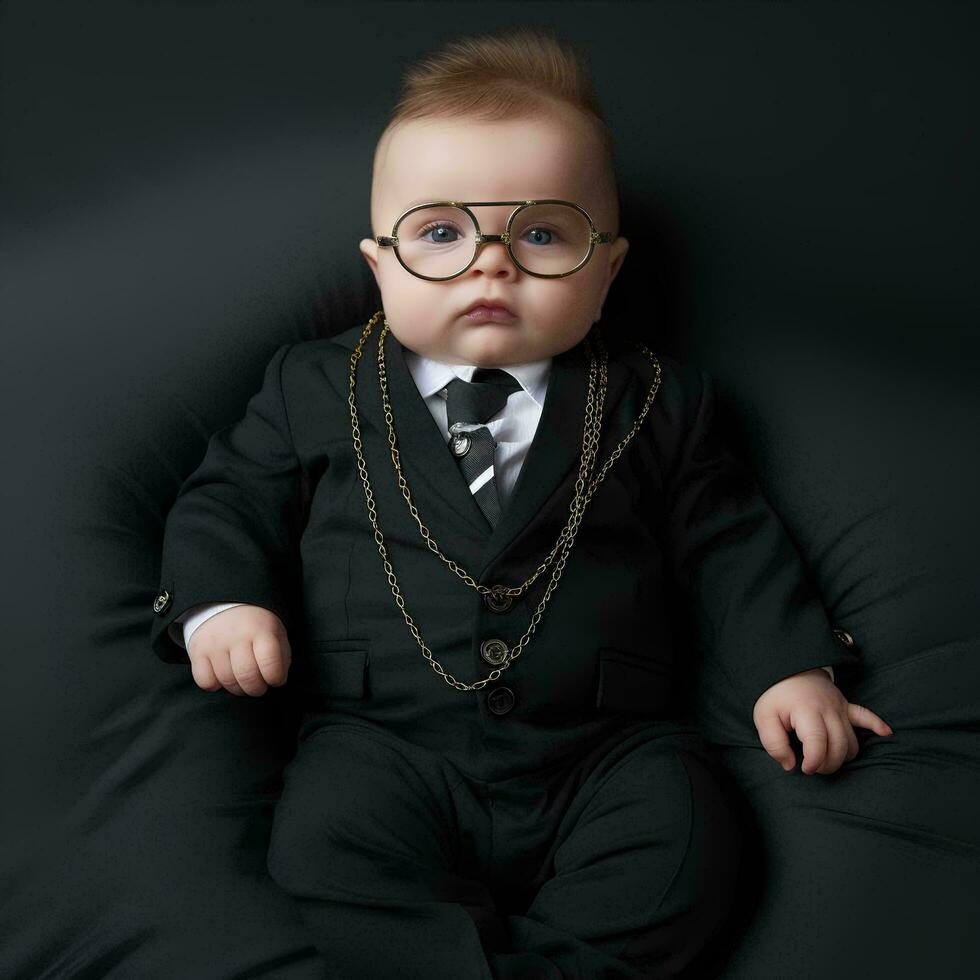 une bébé portant des lunettes et une costume a été mensonge sur une noir canapé, ai génératif photo