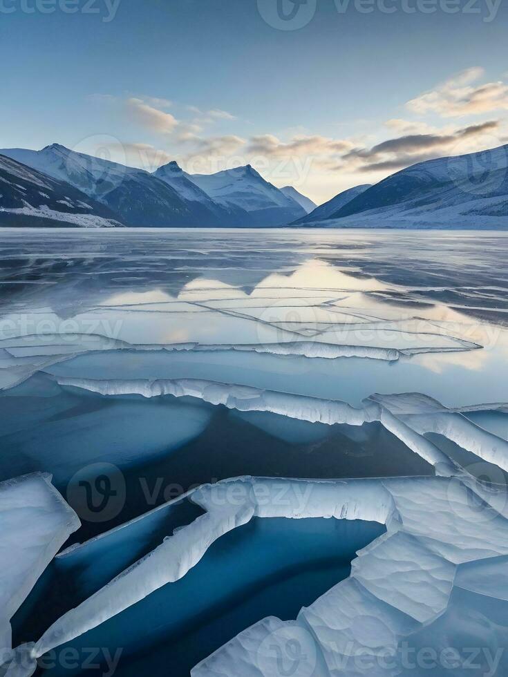 une panoramique vue de une congelé lac, avec des fissures dans le la glace révélateur le Profond bleu profondeurs dessous. ai génératif photo