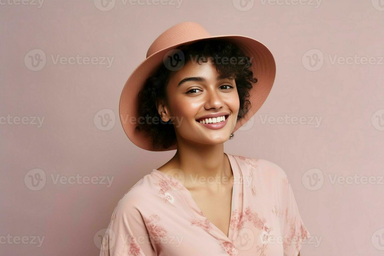 américain élégant fille avec chapeau content affronter. produire ai photo