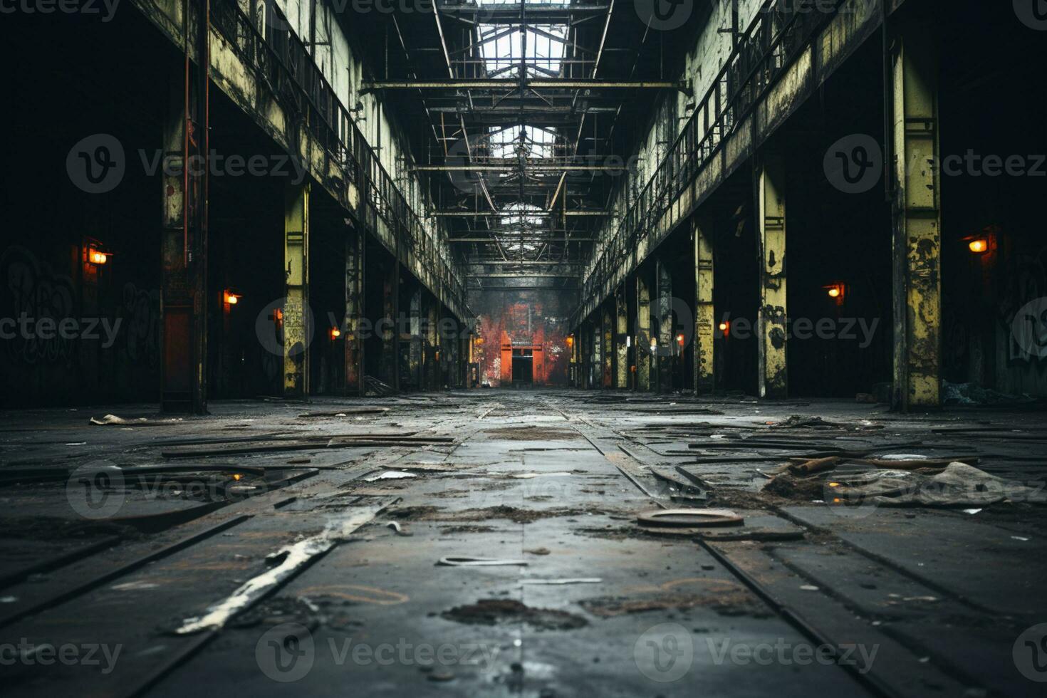 vide abandonné vieux entrepôt intérieur, sombre, industriel, sale, obscurité ai généré photo