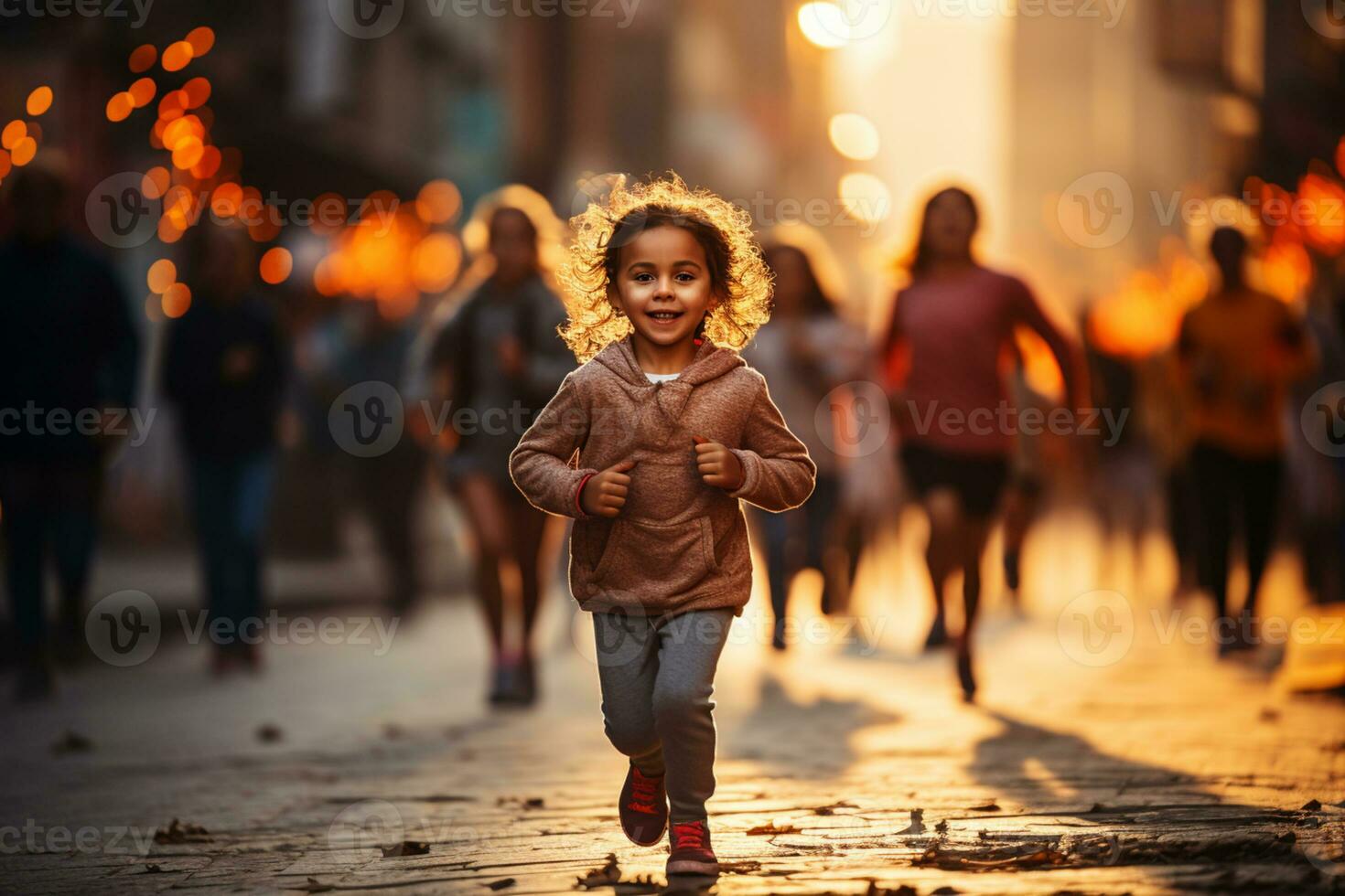 des gamins fonctionnement sur une marathon pendant lever du soleil ai généré photo