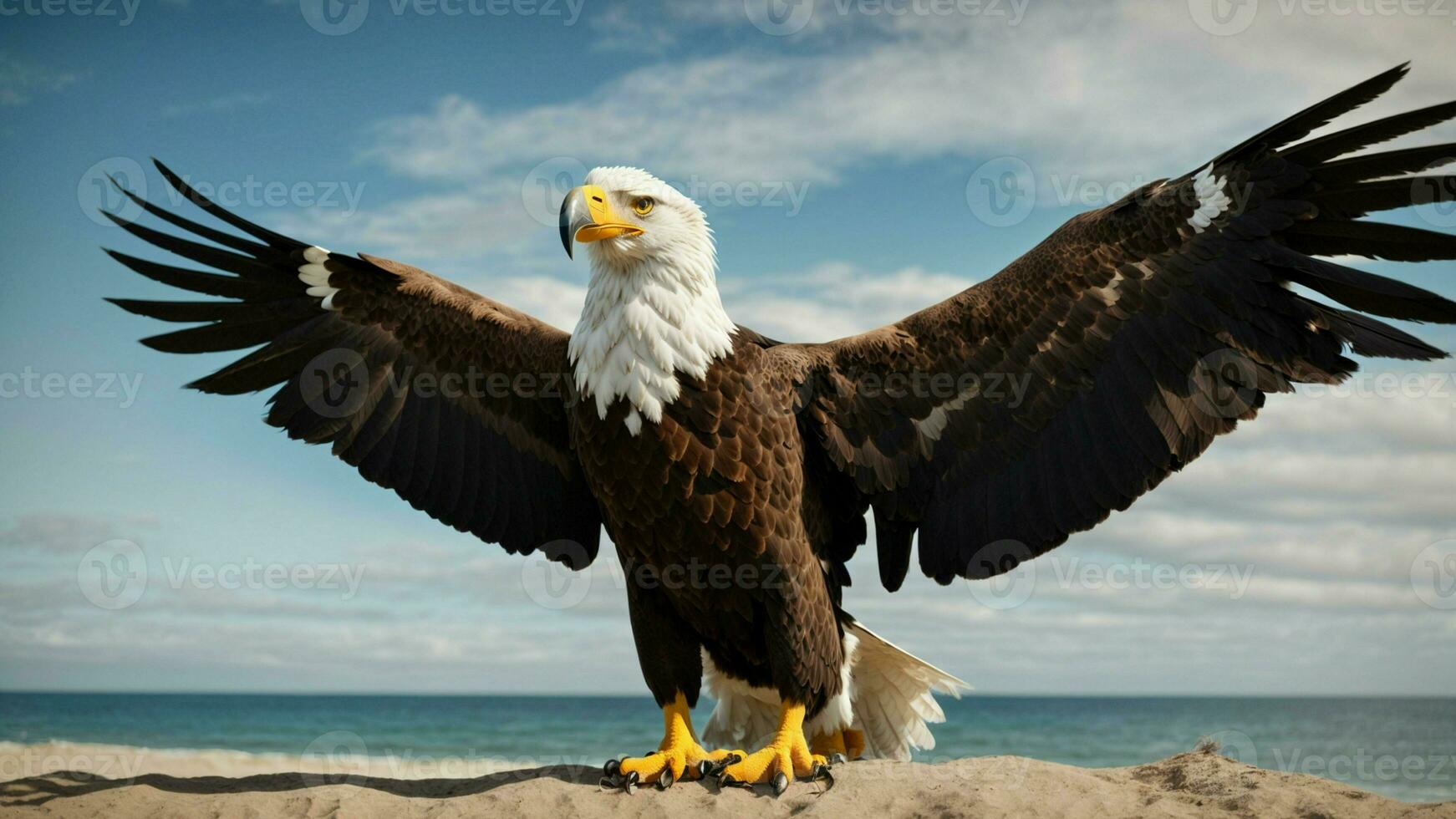 une magnifique été journée avec bleu ciel et une seul de Steller mer Aigle plus de le plage ai génératif photo