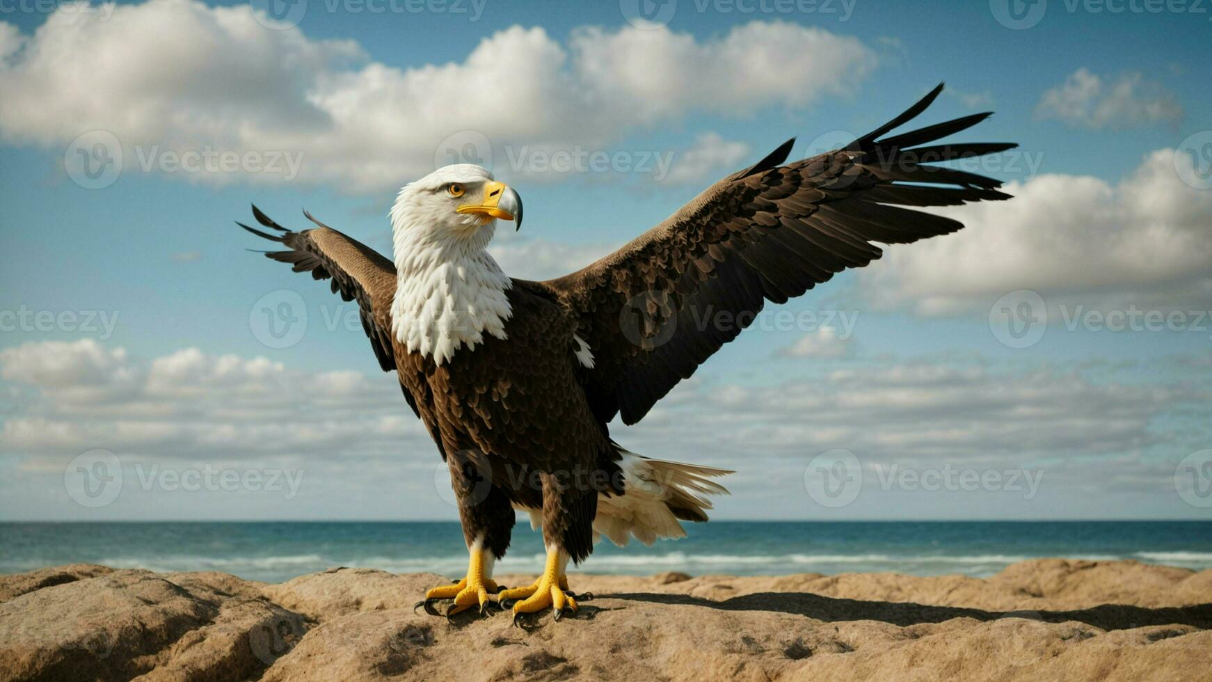 une magnifique été journée avec bleu ciel et une seul de Steller mer Aigle plus de le plage ai génératif photo