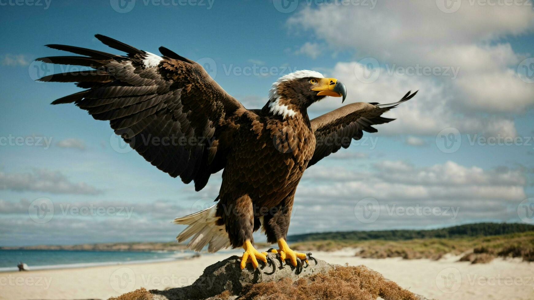 une magnifique été journée avec bleu ciel et une seul de Steller mer Aigle plus de le plage ai génératif photo