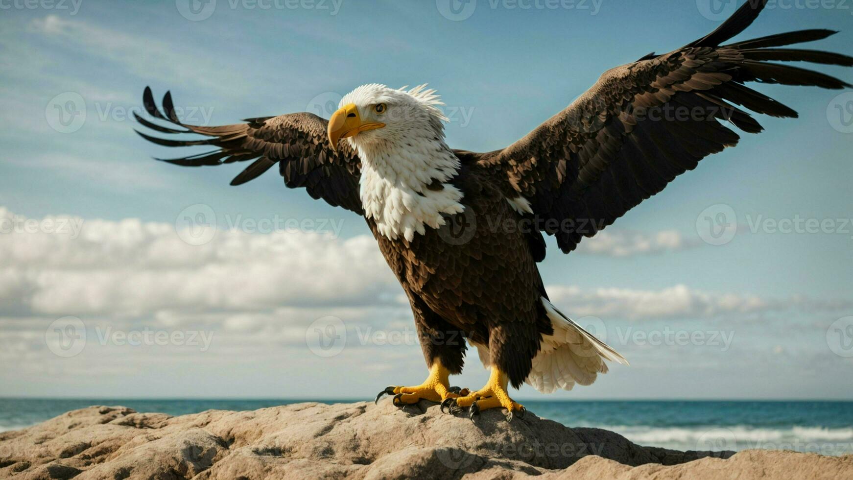 une magnifique été journée avec bleu ciel et une seul de Steller mer Aigle plus de le plage ai génératif photo