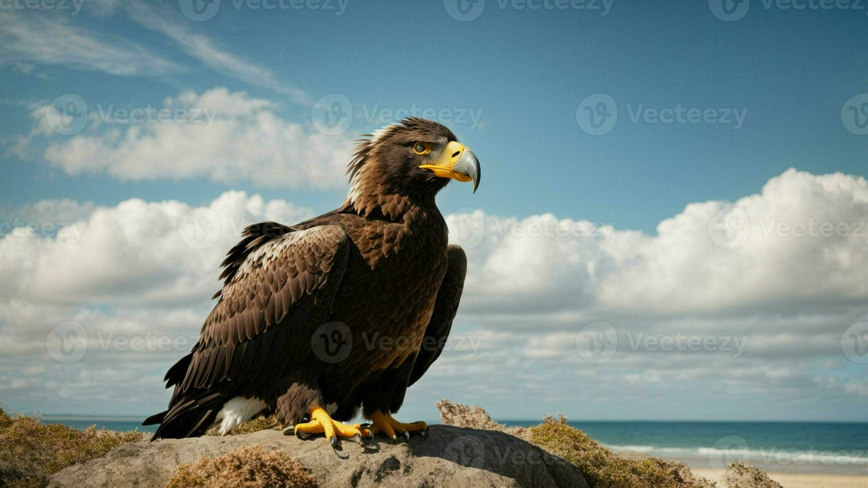 une magnifique été journée avec bleu ciel et une seul de Steller mer Aigle plus de le plage ai génératif photo