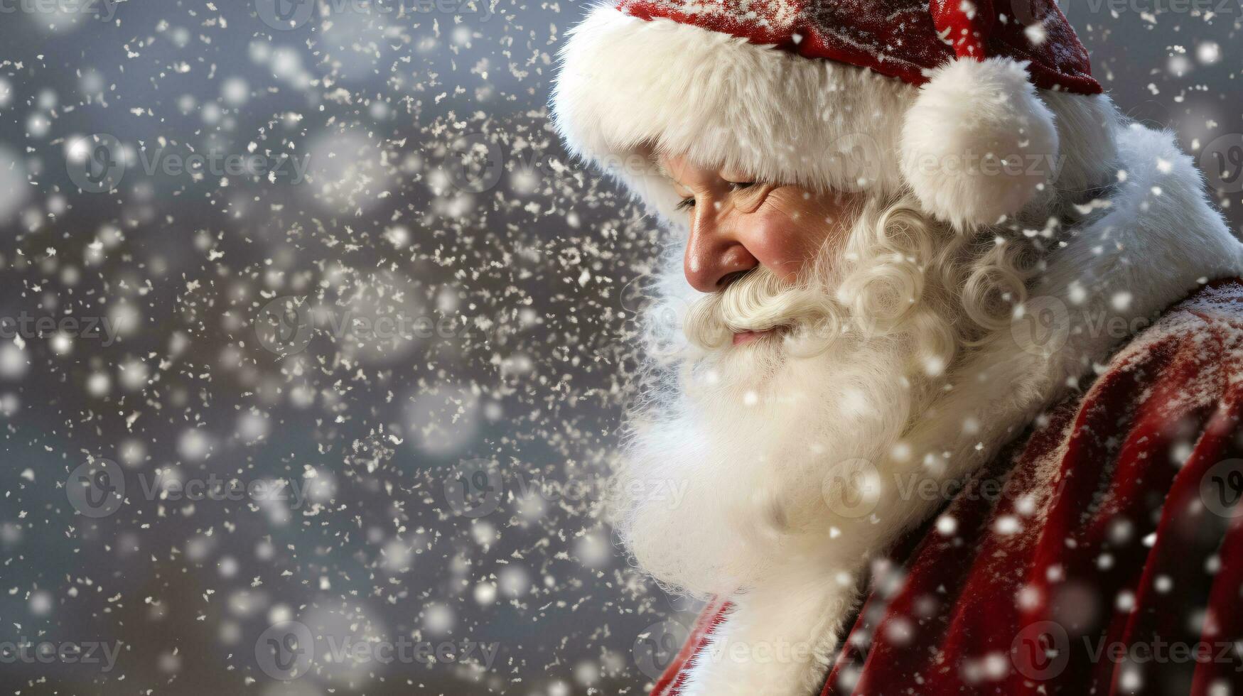 ai génératif proche en haut portrait de Père Noël clause avec blanc barbe et neige chute photo