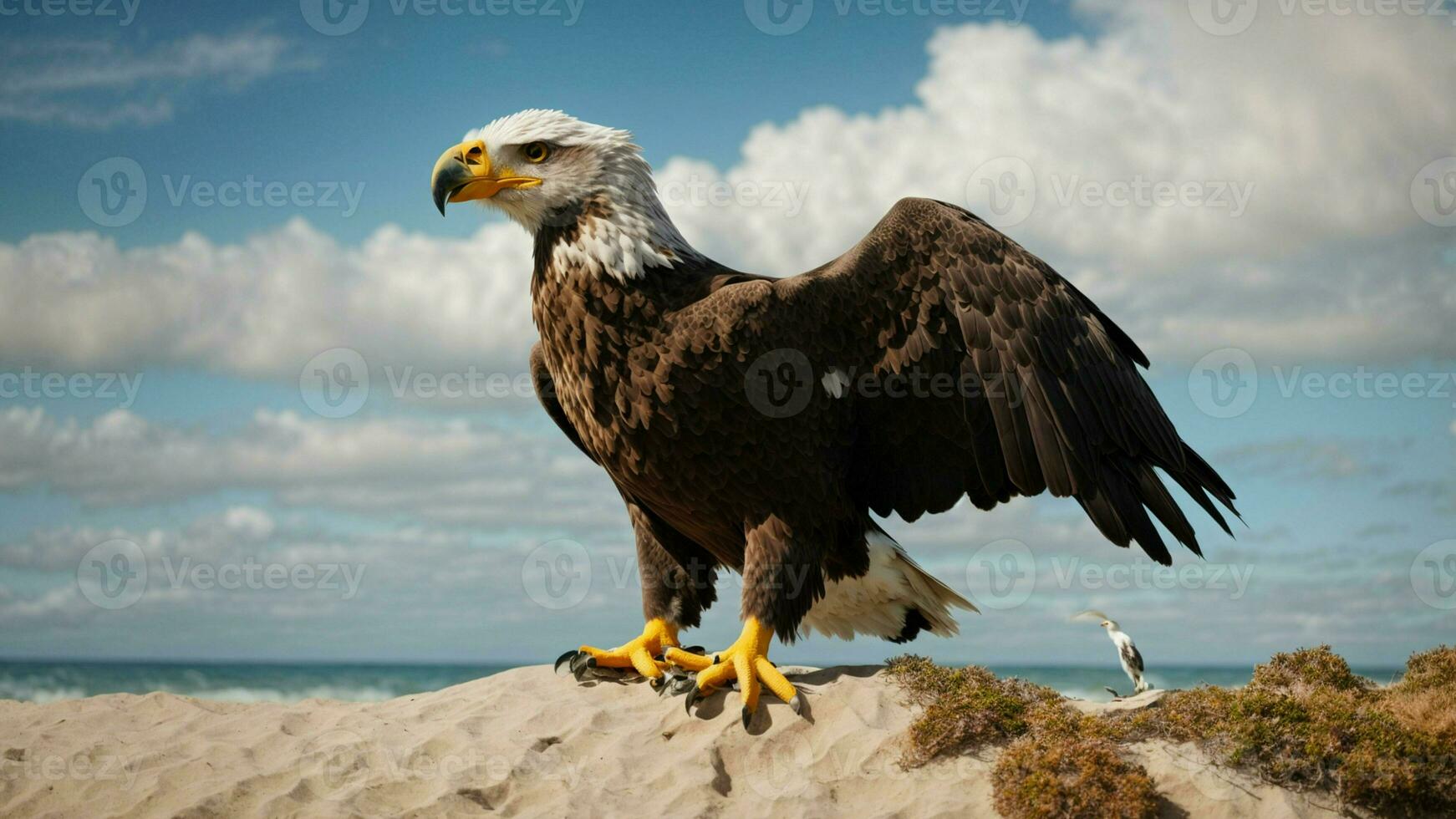 une magnifique été journée avec bleu ciel et une seul de Steller mer Aigle plus de le plage ai génératif photo