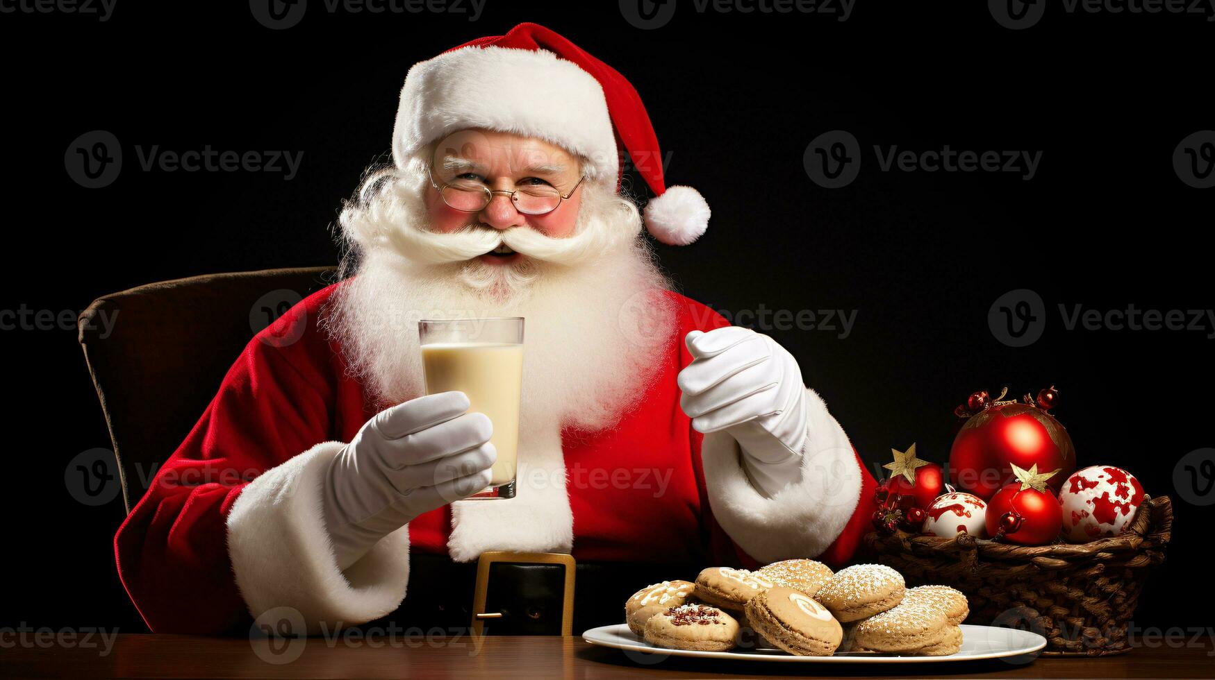 ai génératif content Père Noël claus en mangeant Lait et biscuits photo