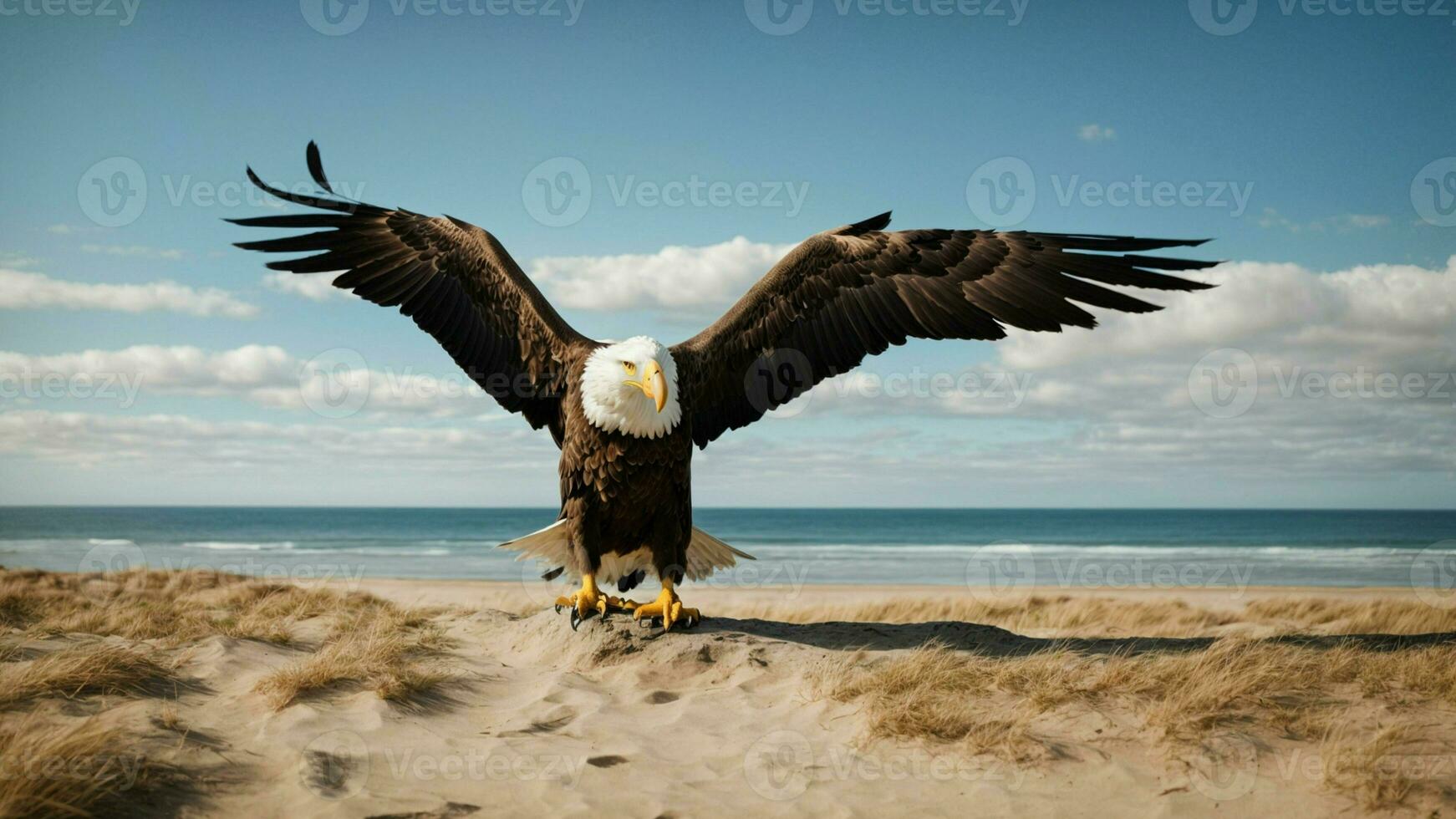 une magnifique été journée avec bleu ciel et une seul de Steller mer Aigle plus de le plage ai génératif photo