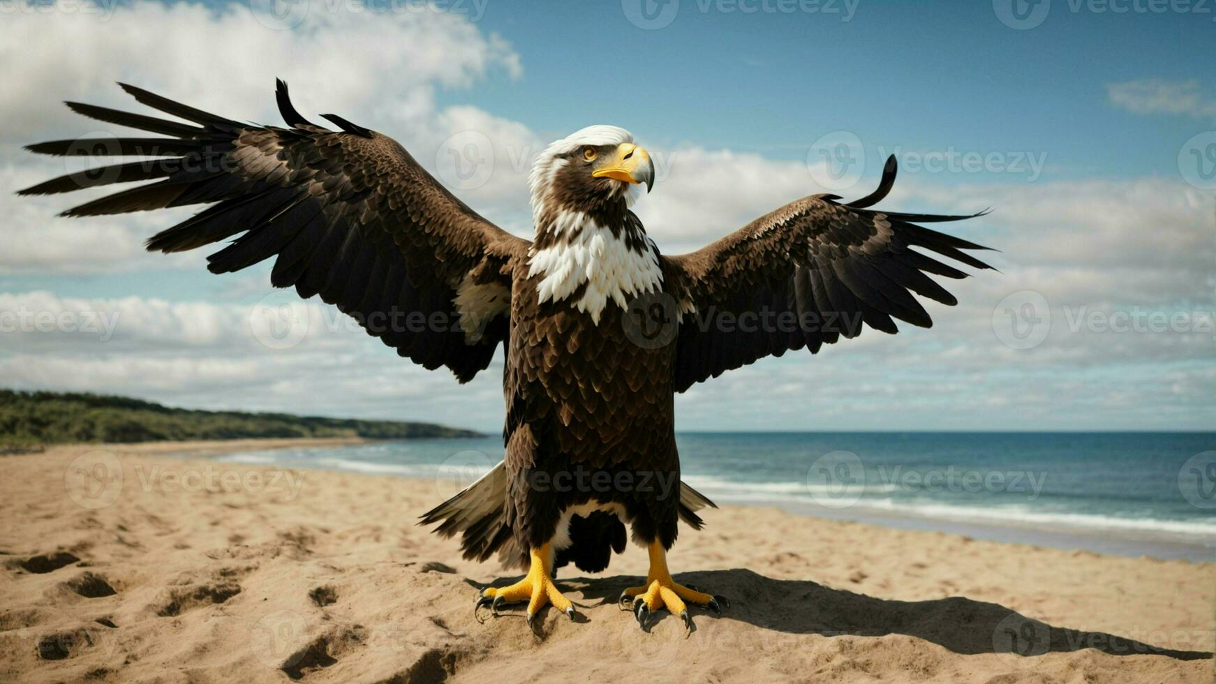 une magnifique été journée avec bleu ciel et une seul de Steller mer Aigle plus de le plage ai génératif photo