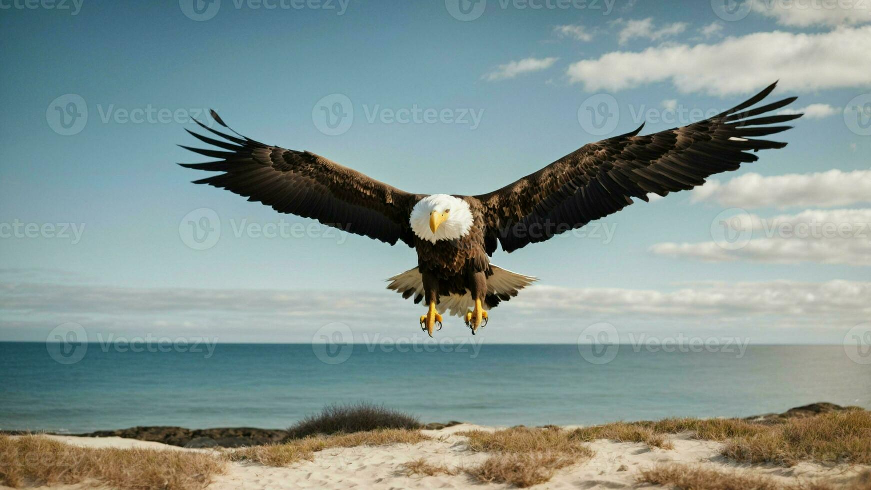 une magnifique été journée avec bleu ciel et une seul de Steller mer Aigle plus de le plage ai génératif photo