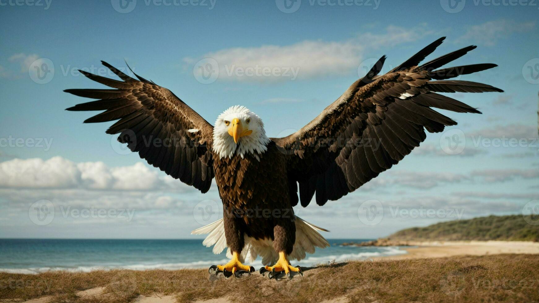 une magnifique été journée avec bleu ciel et une seul de Steller mer Aigle plus de le plage ai génératif photo