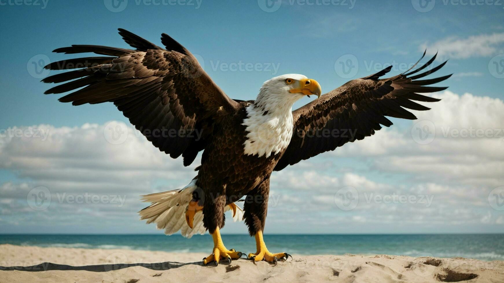 une magnifique été journée avec bleu ciel et une seul de Steller mer Aigle plus de le plage ai génératif photo