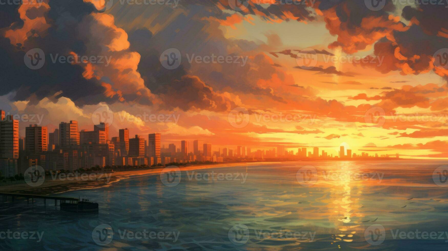 magnifique ville paysage Contexte. dessin animé été le coucher du soleil avec des nuages et lac. anime style photo