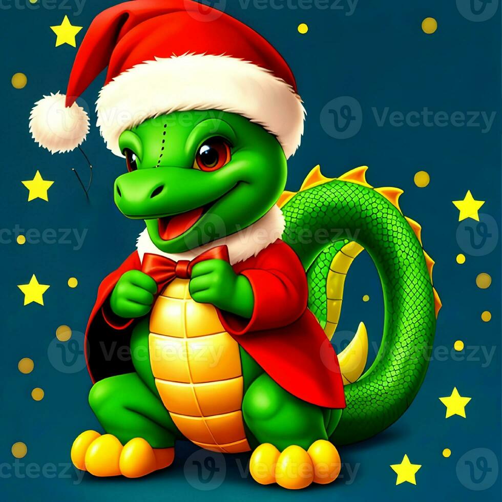 génératif ai fantasmes sur le thème de le chinois calendrier. dragon symbole de 2024 dans une Père Noël claus chapeau. photo