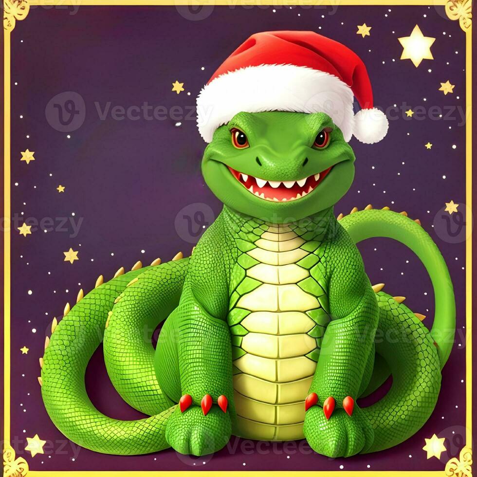 génératif ai fantasmes sur le thème de le chinois calendrier. dragon symbole de 2024 dans une Père Noël claus chapeau. photo