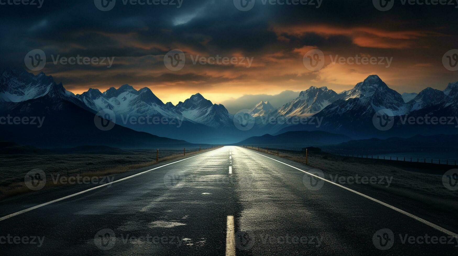 route par le scénique paysage à le destination, une longue tout droit route chemin périple vers montagnes. ai génératif photo