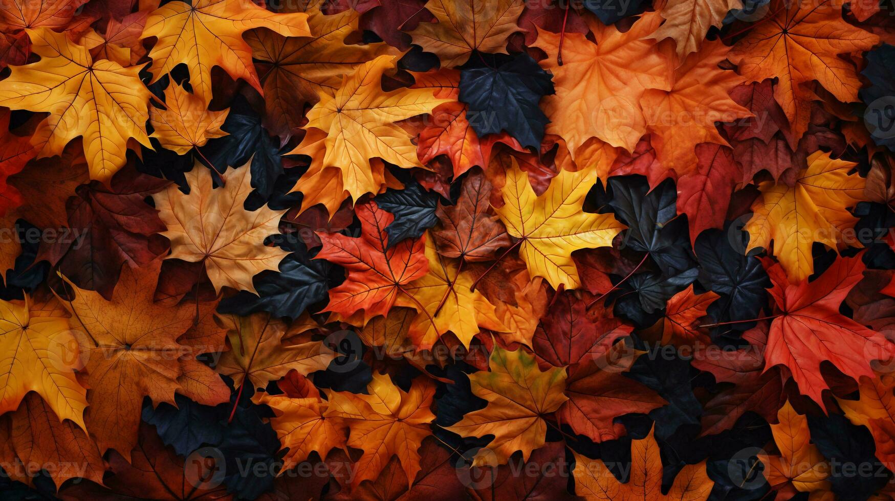 Haut vue de rouge, orange, et Jaune feuilles arrière-plan, déchue feuilles dans l'automne. ai génératif photo