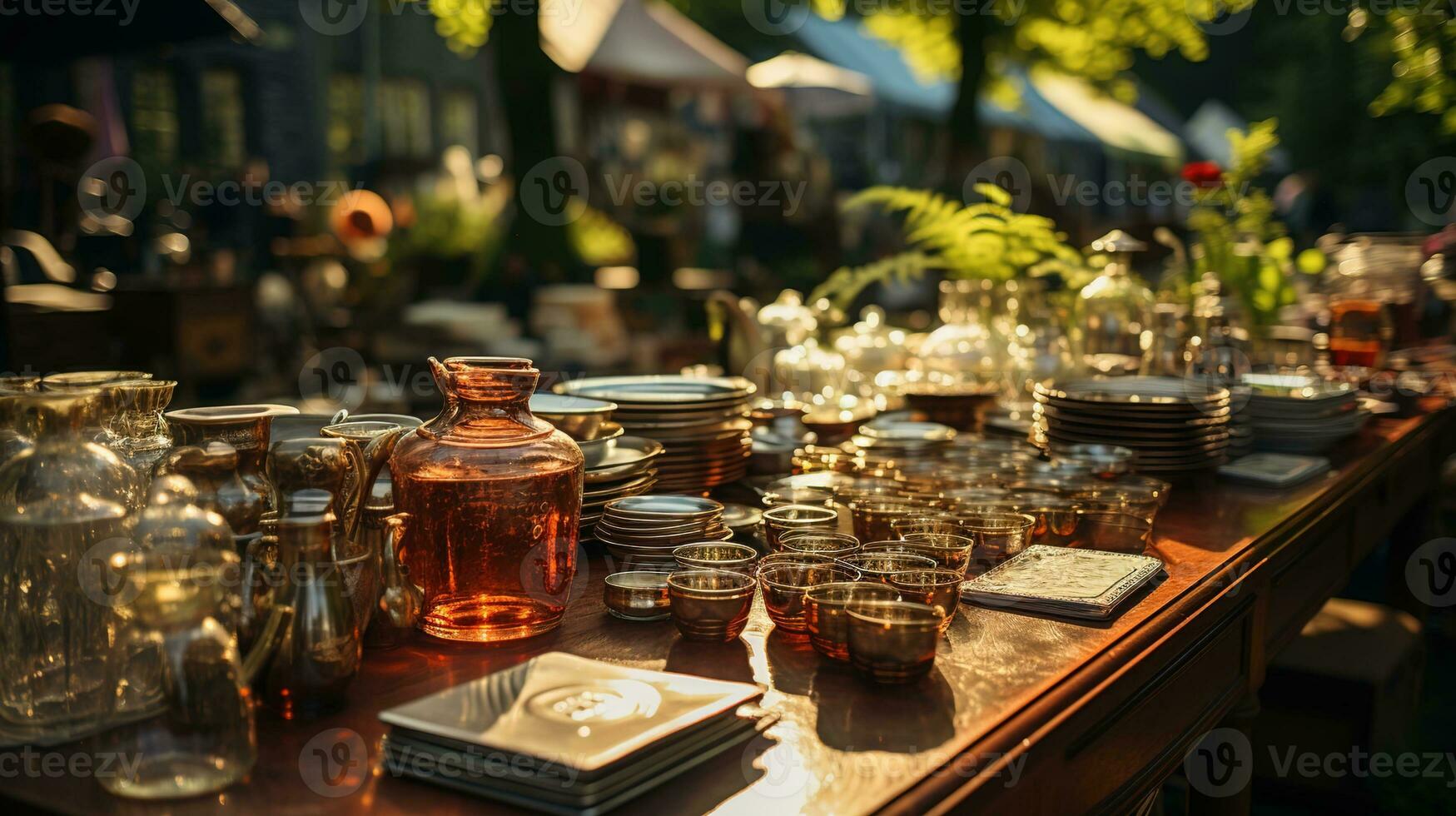 garage vente, ancien et utilisé des biens sur afficher à un après midi Puce marché sur le greensward - une Trésor chasser pour antique et rétro objets de collection, ai génératif photo