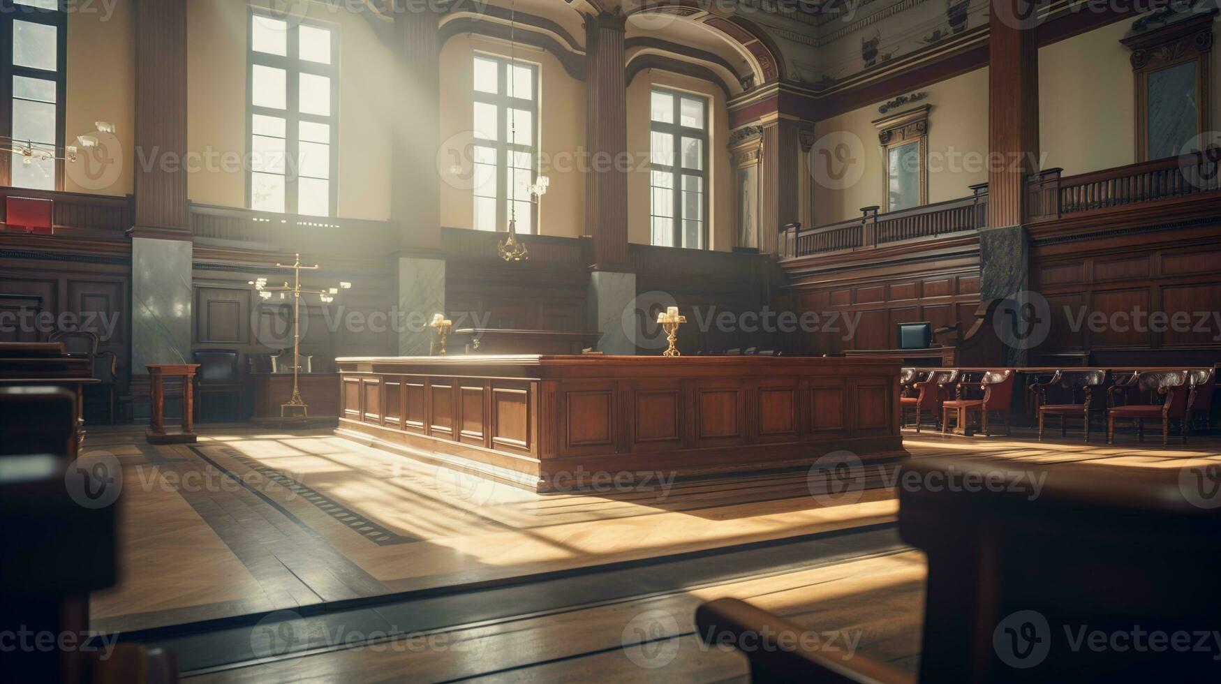 le essence de loi et justice, un vide tribunal pièce intérieur illuminé par après midi lumière, une puissant symbole de légal des principes et égalité, ai génératif photo