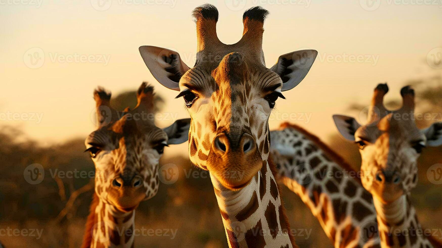une groupe de girafes à la recherche à le caméra ai généré photo