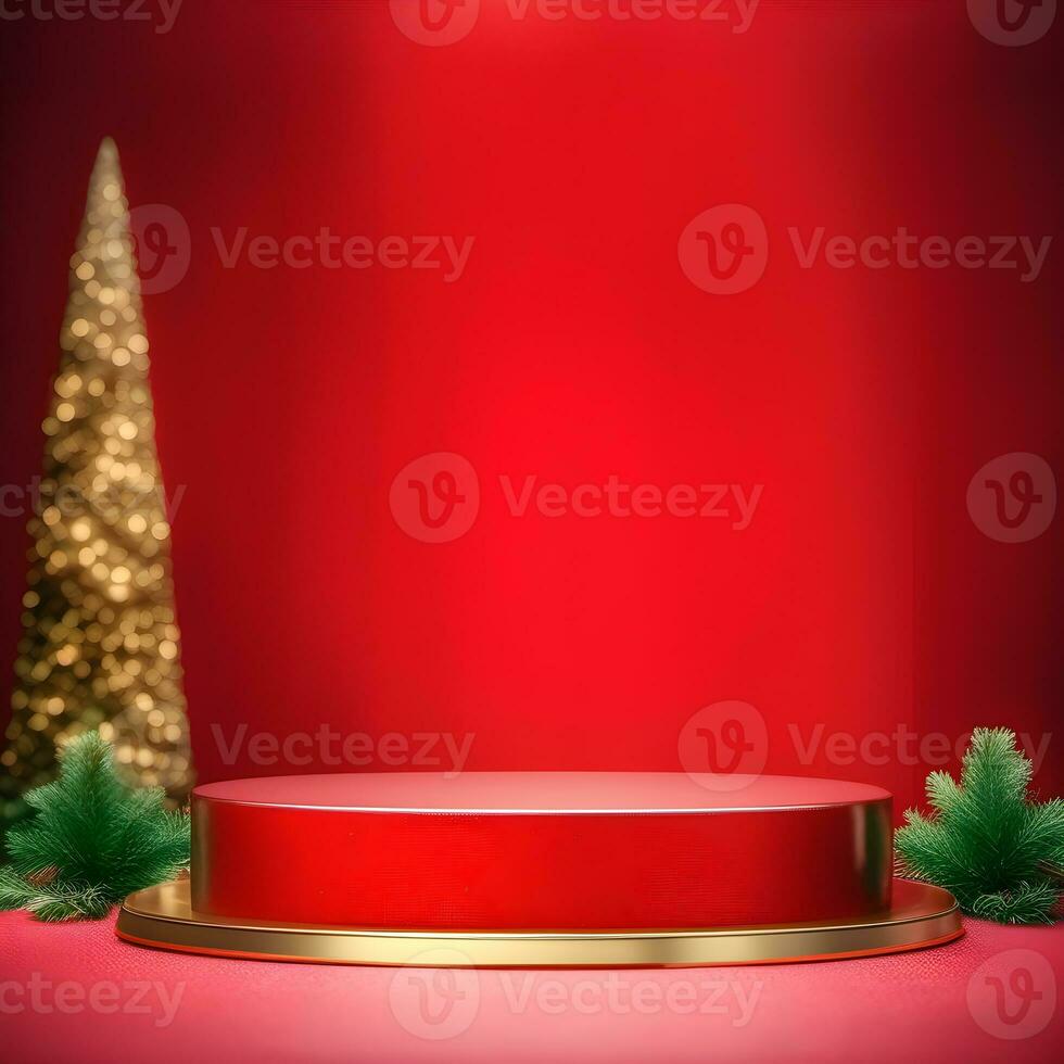 noël-texture-rouge-et-podium-sur-et-boules-dorées-arbre-vert-podium-doré-trois-petit-podium sur décembre photo