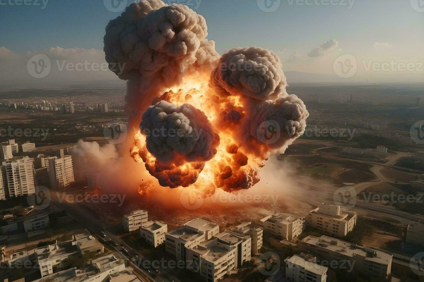 aérien vue de une gros explosion dans le Israël ville avec une grand nuage de fumée ai généré photo