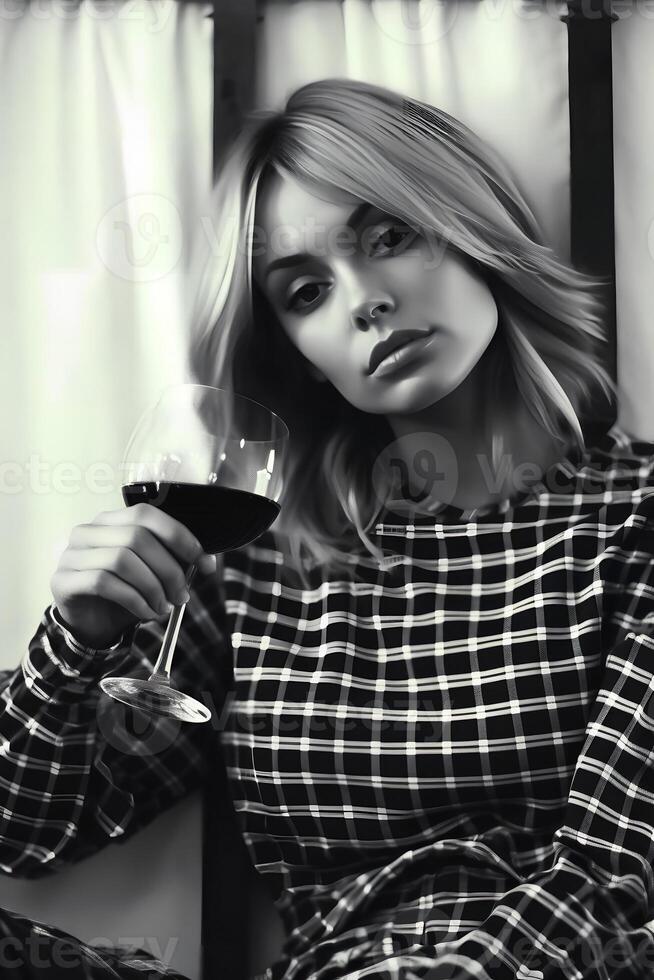 monochrome esthétique coup de une femme posant pour le caméra avec une verre de vin, portrait, photo dans le style de le années 1970, détendu Accueil environnement, Naturel lumière