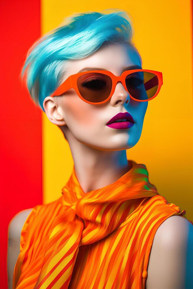 vibrant portrait de une femme avec des lunettes et court la Coupe de cheveux, fermer, ai génératif art photo