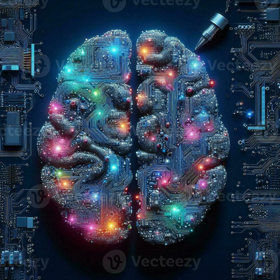 Créatif conception de cerveau sur carte mère circuit le progrès futuriste artificiel intelligence ai génératif photo