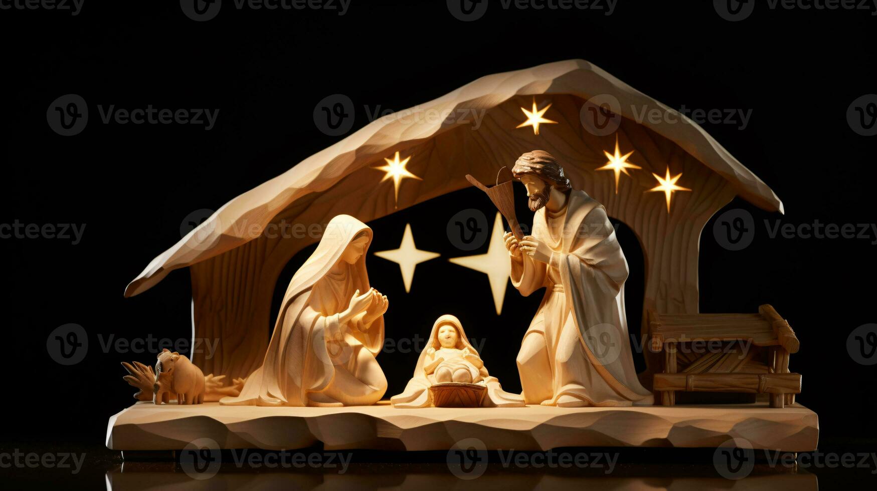 ai génératif Noël étoilé Nativité scène diorama dépeindre le récit de Jésus' naissance photo