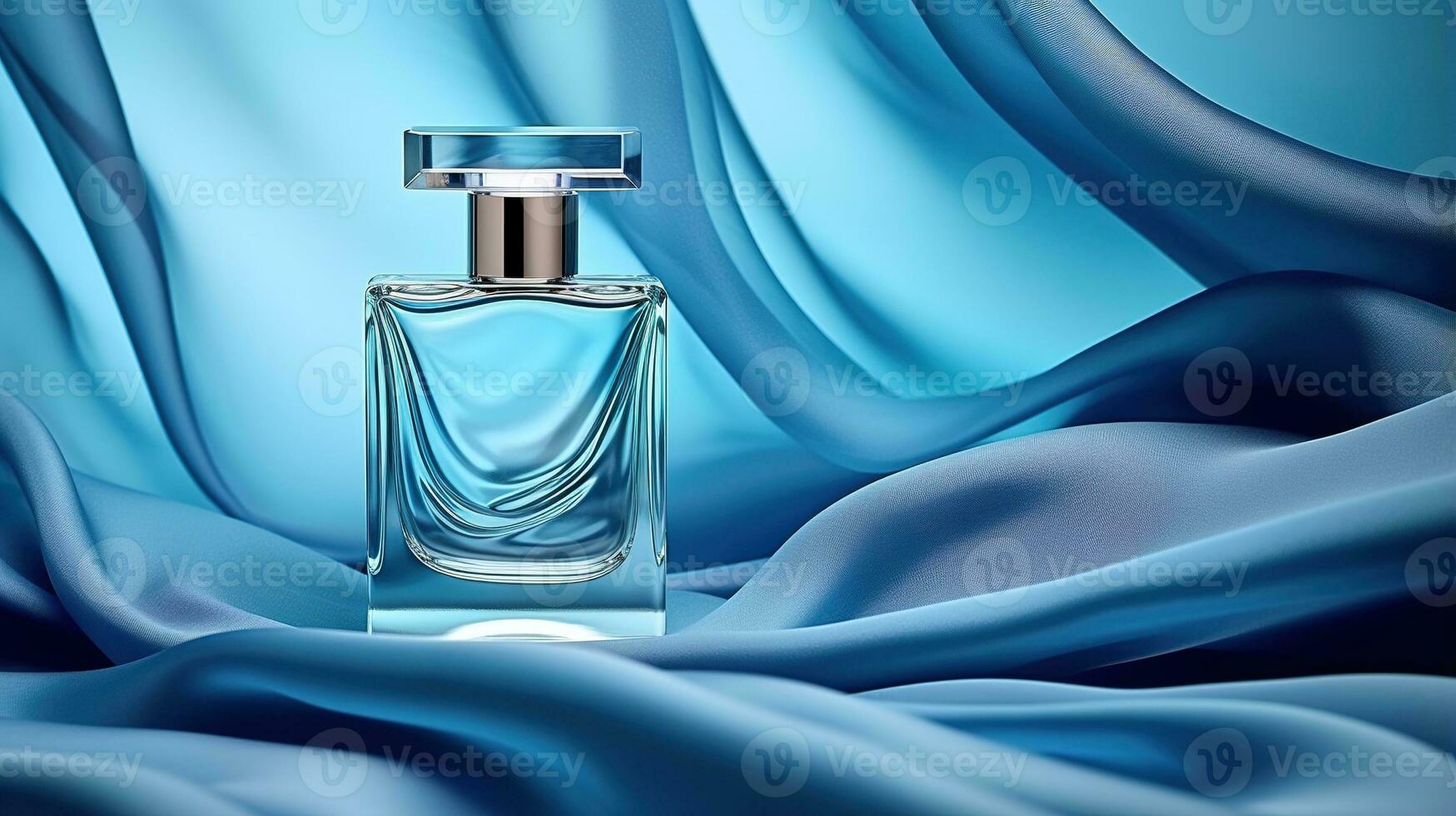 génératif ai, bouteille de parfum sur une bleu soie Contexte. verre ballon avec bleu fragrance emballage conception moquer en haut photo