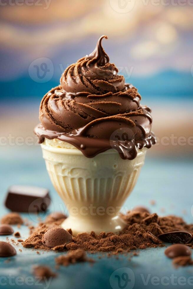 Chocolat la glace crème des balles dans bol avec cacao poudre et des sucreries. ai génératif photo