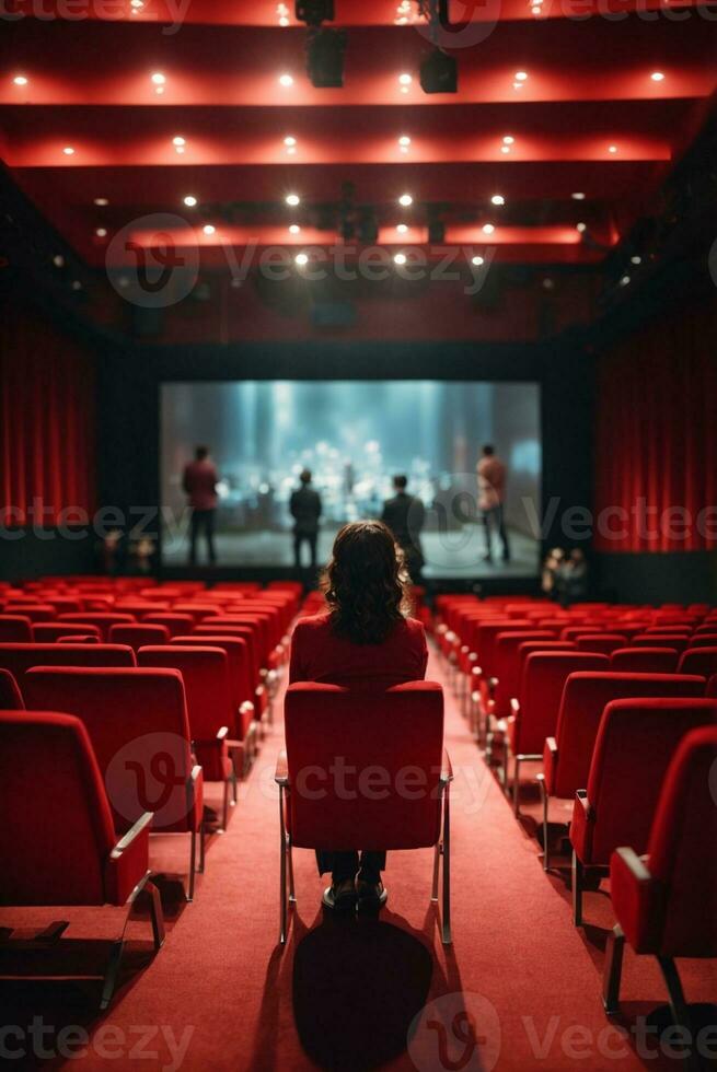 cinéma salle avec rouge des places et projecteur filtrer. retour vue de méconnaissable gens séance dans cinéma salle. ai génératif photo
