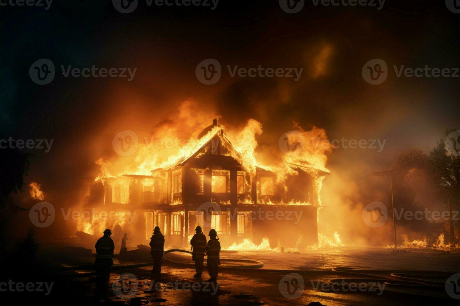 brûlant maison Feu amené en dessous de contrôle par une déterminé sapeur pompier équipe ai généré photo