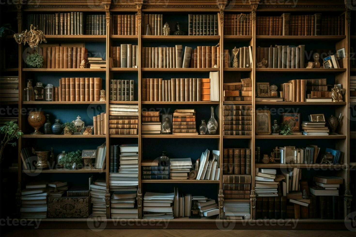 vieux façonné livres remplir le grandiose en bois étagère à livres, un extensif collection ai généré photo