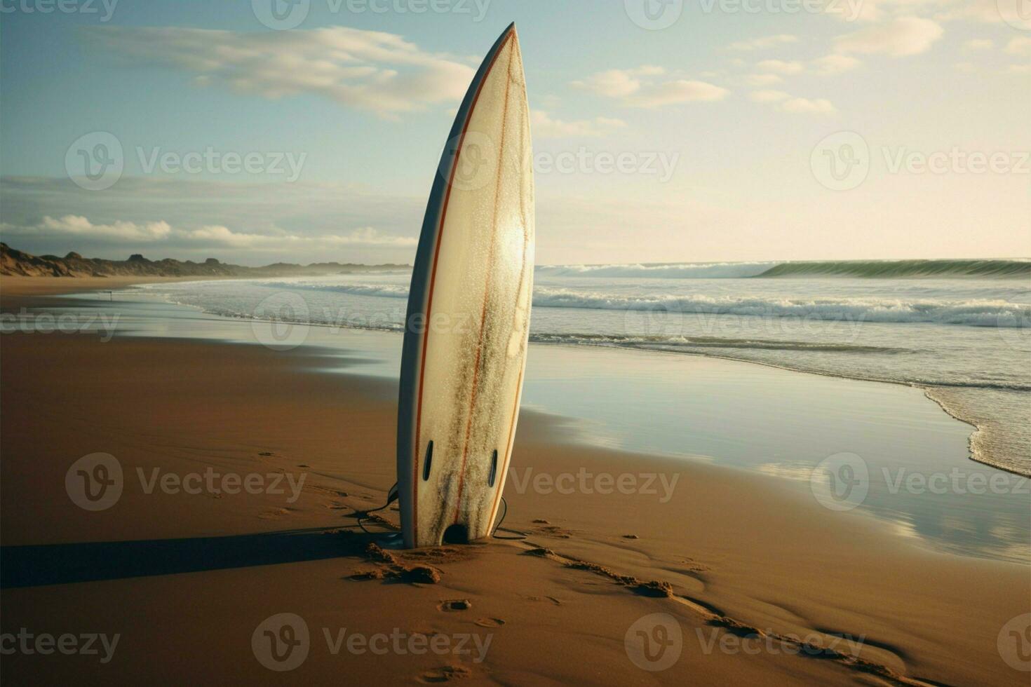dans le solitude de une sauvage plage, une planche de surf trouve sérénité ai généré photo