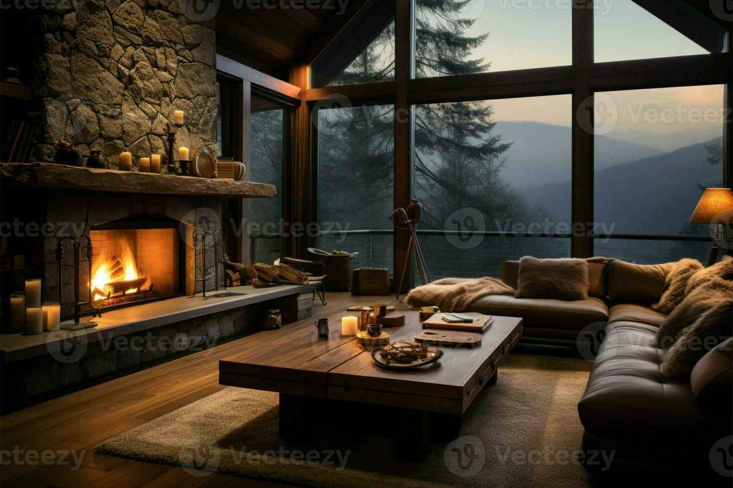 confortable vivant chambre, cheminée, Montagne paysage toile de fond, attrayant chaleur ai généré photo